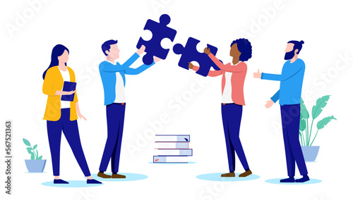 Office work problem solving - Team of people connecting jigsaw puzzle pieces while working together. Flat design vector illustration with white background