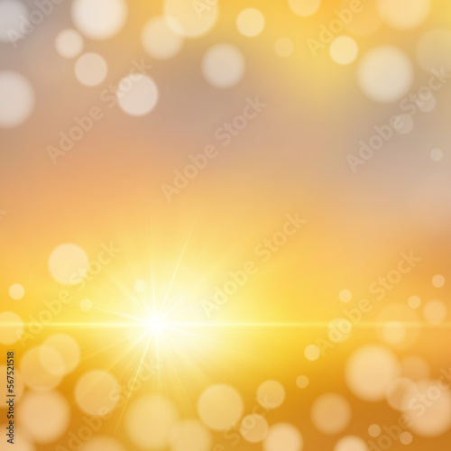 Golden vector sunset or sunrise. Shining sun and bokeh sparks.