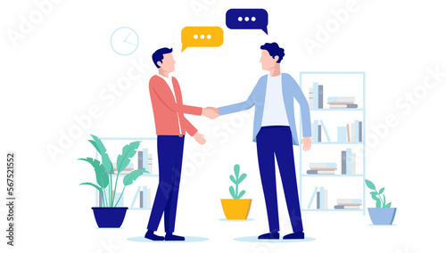 Office handshake - Two businessmen in casual clothes shaking hands and talking with speech bubbles. Business agreement and deal concept, flat design vector illustration with white background