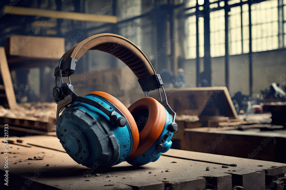 Hanging on a lathe at the factory are noise isolating headphones for
