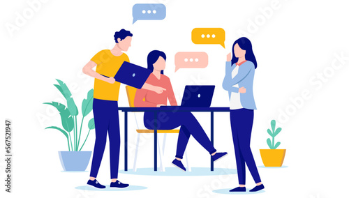 Work discussion - Three people in office working as a team and talking together with computers. Flat design vector illustration with white background