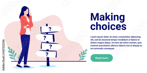 Making choices - Woman trying to make decision in front of crossroad sign. Uncertainty and doubt concept, in flat design vector illustration with copy space for text