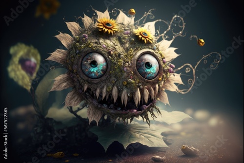 Infected forest flora  zombie pathogen changes any plant and forms woody mutated skulls and creepy eyes to appear - viral fungus growth with cute flowers hides the toxic danger - generative AI.