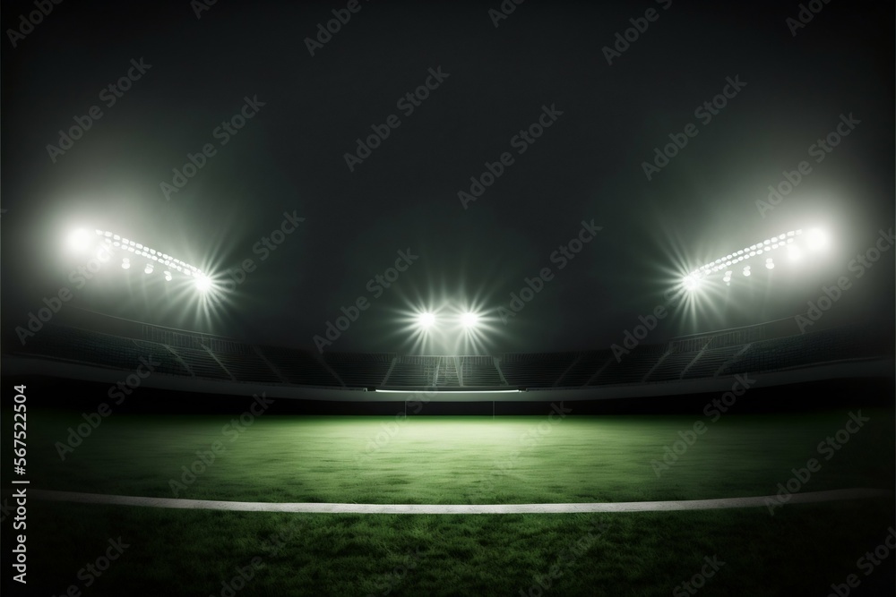 Sport stadium illuminated by spotlights and empty green grass playground. Generative AI