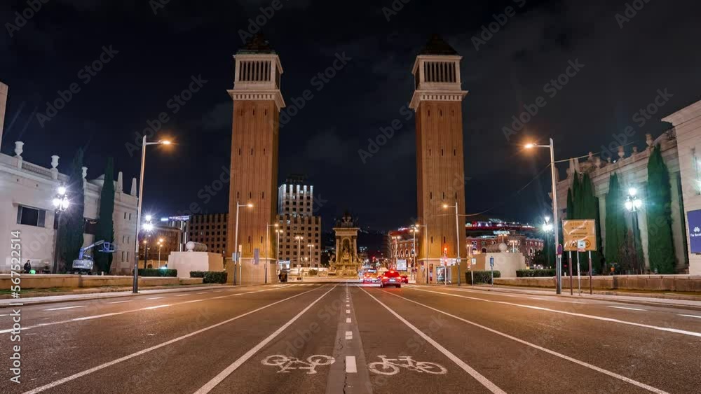 The Venetian Towers is the popular name for a pair of towers on Avinguda de la Reina Maria Cristina at its junction with Placa d'Espanya in Barcelona, Spain. Timelapse view.