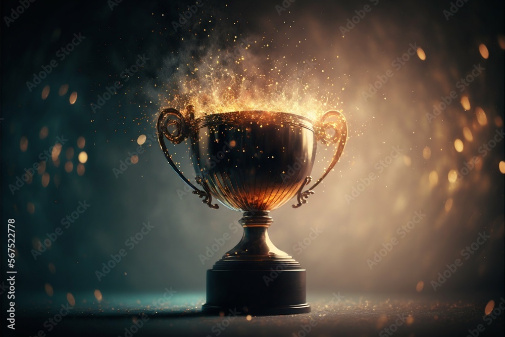 Winner gold trophy with blurred sparks on background. Generative AI