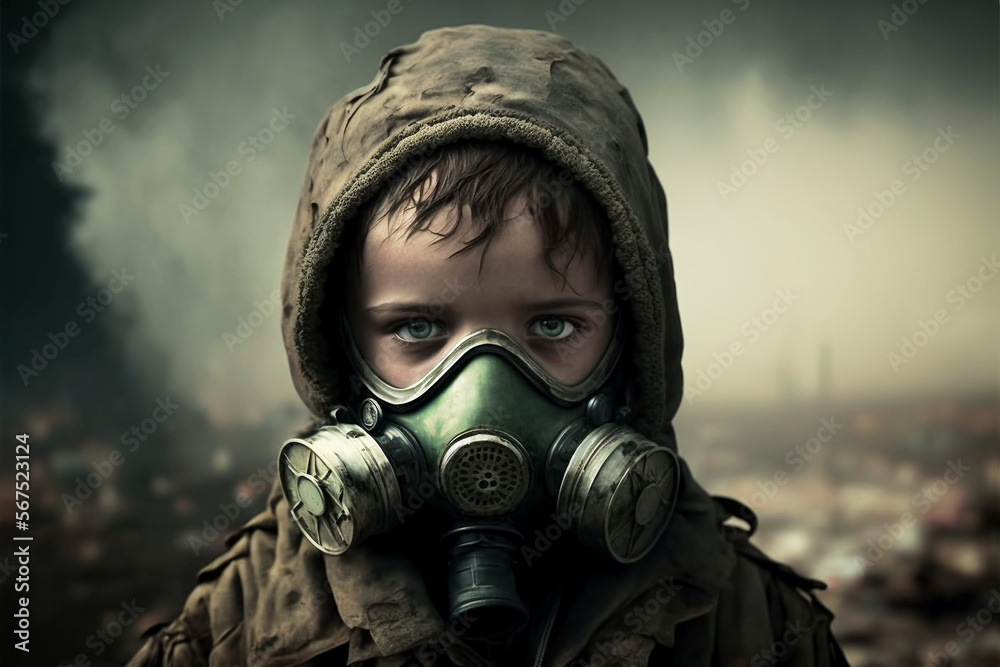 Little boy with gas mask depicting consequences of global warming, air