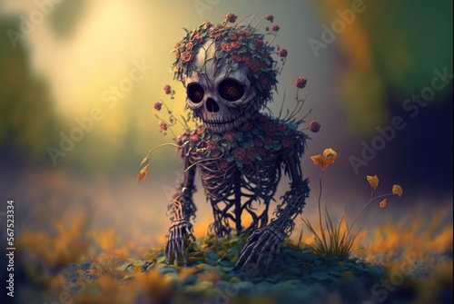 Infected forest flora, zombie pathogen changes any plant and forms woody mutated skulls and creepy eyes to appear - viral fungus growth with cute flowers hides the toxic danger - generative AI. © SoulMyst