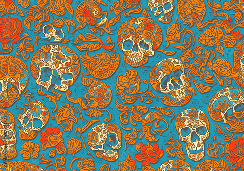 background with orange and blue and red skulls
