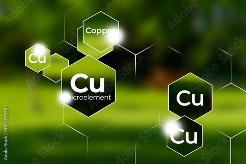 Microelement supplement concept, Copper. Hexagons with Copper icon, blurry green  background.
