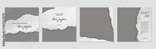 Ripped torn paper templates. Minimalistic gray layouts for social media posts, beauty content, fashion, cosmetics, jewelry.