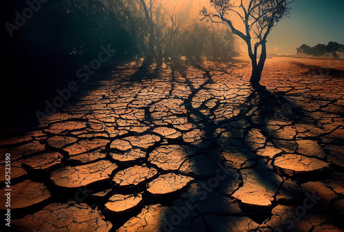 Drought around. Sunburnt earth cracked. Trees died..