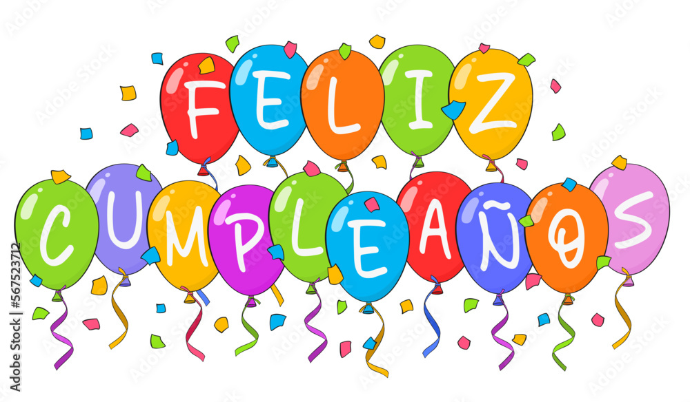 Feliz Cumpleaños, Happy Birthday In Spanish. Cartoon Greeting Card With  Birthday Cake, Balloons And Confetti. Cute Doodle Drawing, Vector  Illustration. Royalty Free SVG, Cliparts, Vectors, and Stock Illustration.  Image 167282657.