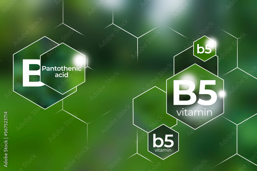Fototapeta premium Molecular model of vitamin B5. Hexagons with Vitamin B5 name, blurry green background.