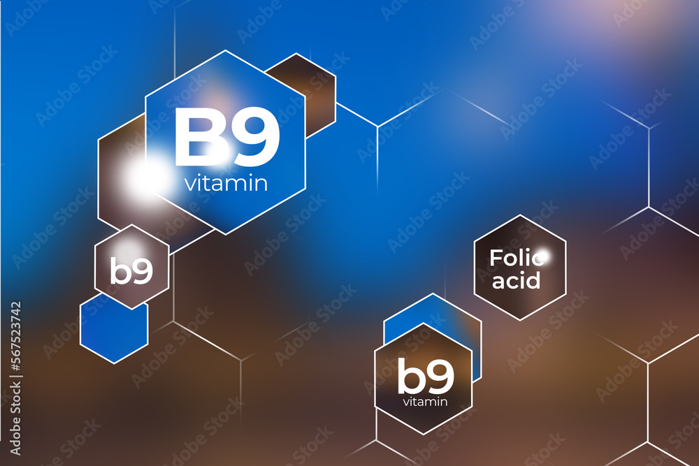 Molecular model of vitamin B9. Hexagons with Vitamin B9 name, blurry blue background. StockFoto