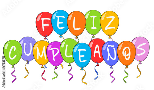 Happy Birthday lettering in Spanish (Feliz Cumpleaños) with colorful balloons. Cartoon. Vector illustration. Isolated on white background