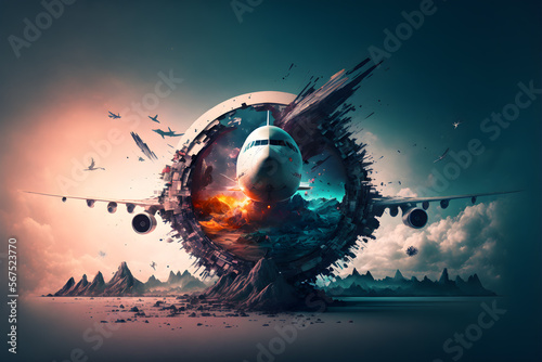 Marvelous creative landing background, airplane passing through the portal gate. Generative ai.