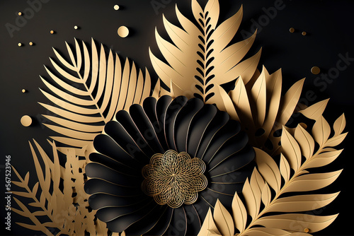 Gold and black floral patterns luxury background  paper cut flowers. AI