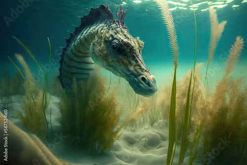 Hippocampus jayakari in the seagrass meadow, a seahorse. Generative AI photo