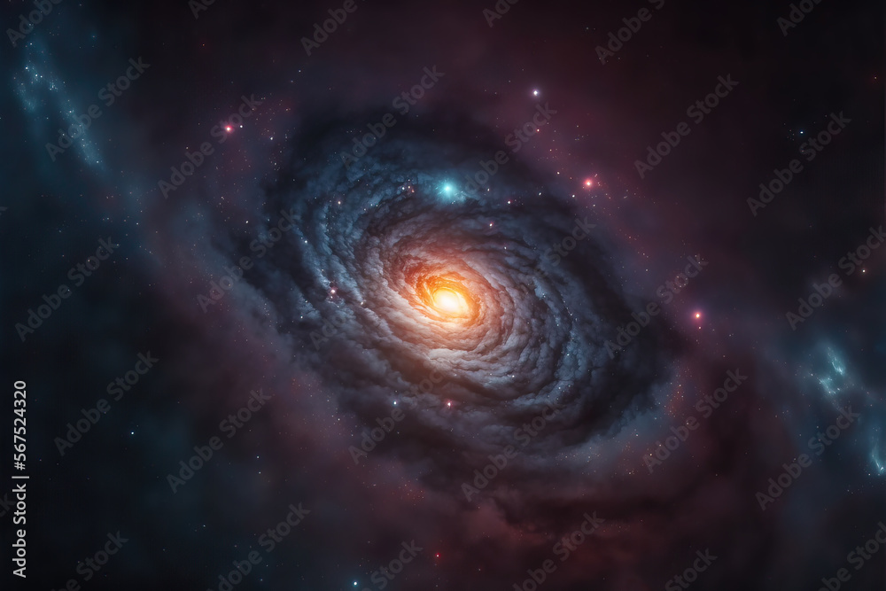 Illustration of a space cosmic background of a colorful supernova nebula and stars, glowing mysterious universe