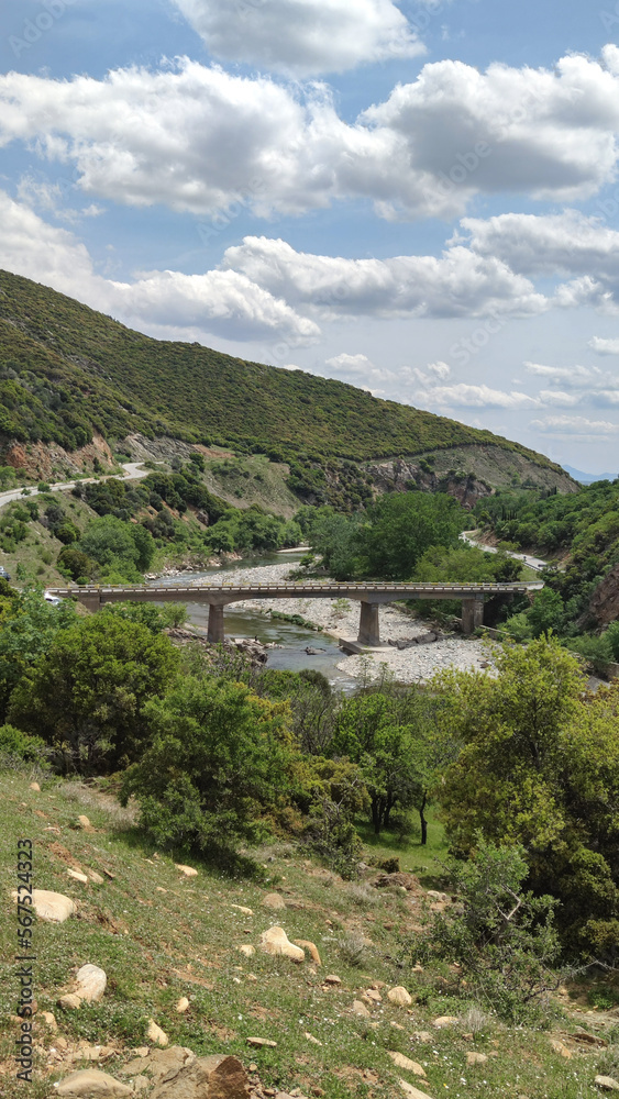 Medieval Byzantine stone bridge over the river Kompsatos Rodopi Greece.