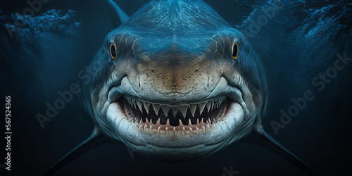 requin vu de face en gros plan  sous l eau  format panoramique - illustration ia