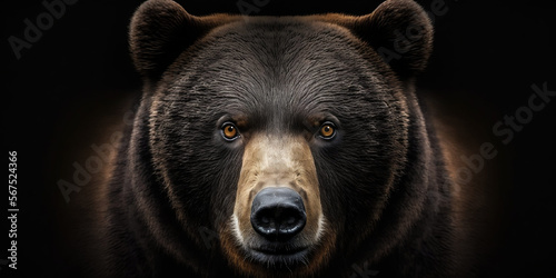 grand ours brun vu de face et en gros plant, format panoramique, fond noir - illustration ia