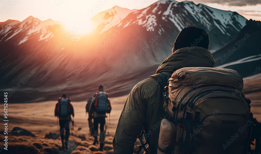 Group tourists of hiker sporty people walks in mountains at sunset with backpacks. Concept banner adventure with copy space. Generation AI