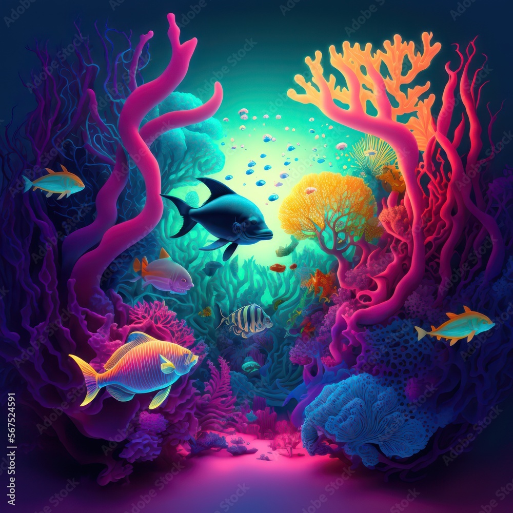 Colorful underwater world, filled with exotic sea creatures, plants, and coral reefs.Generative AI