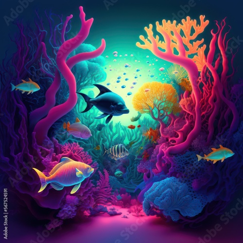 Colorful underwater world, filled with exotic sea creatures, plants, and coral reefs.Generative AI