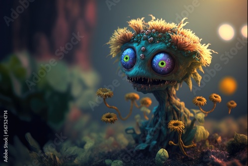 Infected forest flora  zombie pathogen changes any plant and forms woody mutated skulls and creepy eyes to appear - viral fungus growth with cute flowers hides the toxic danger - generative AI.