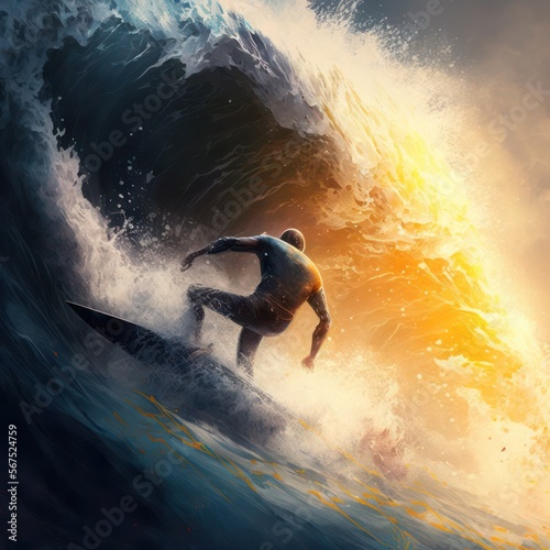 A fearless surfer takes on the challenge of a lifetime, riding the biggest and gnarliest waves .Generative AI photo