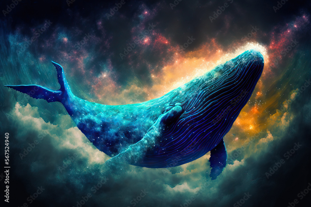 Huge humpback whale swimming through planet, stars, and clouds. A ...