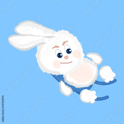 Luge cartoon vector illustration. Cute fluffy luger bunny sitting on his sled on a blue background.