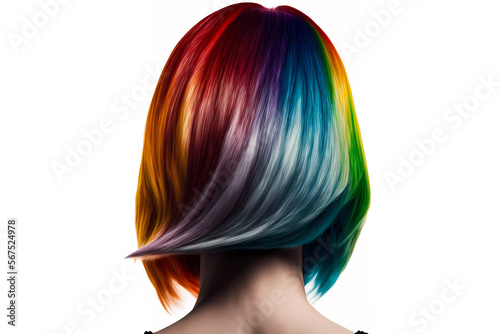 Back view beautiful woman with creative hairstyle multi colored hair. Salon style fashion model. Generation AI