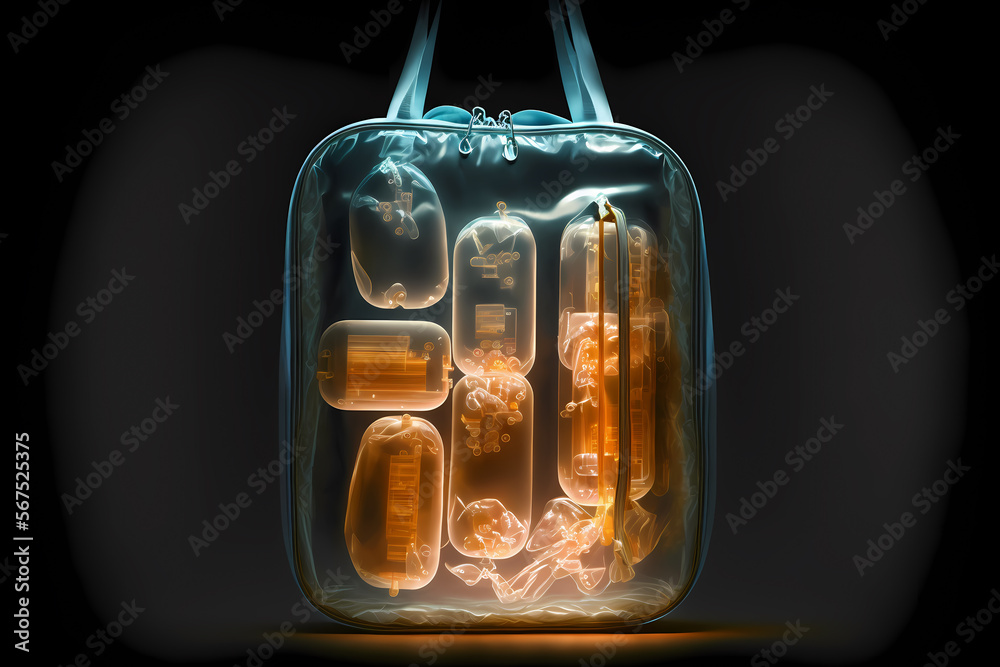 Security xray scan of bag with smuggling capsules drugs in airport