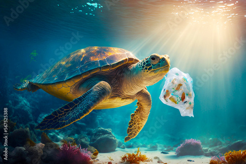 Turtle eat plastic bag - Plastic pollution in ocean - Generative AI