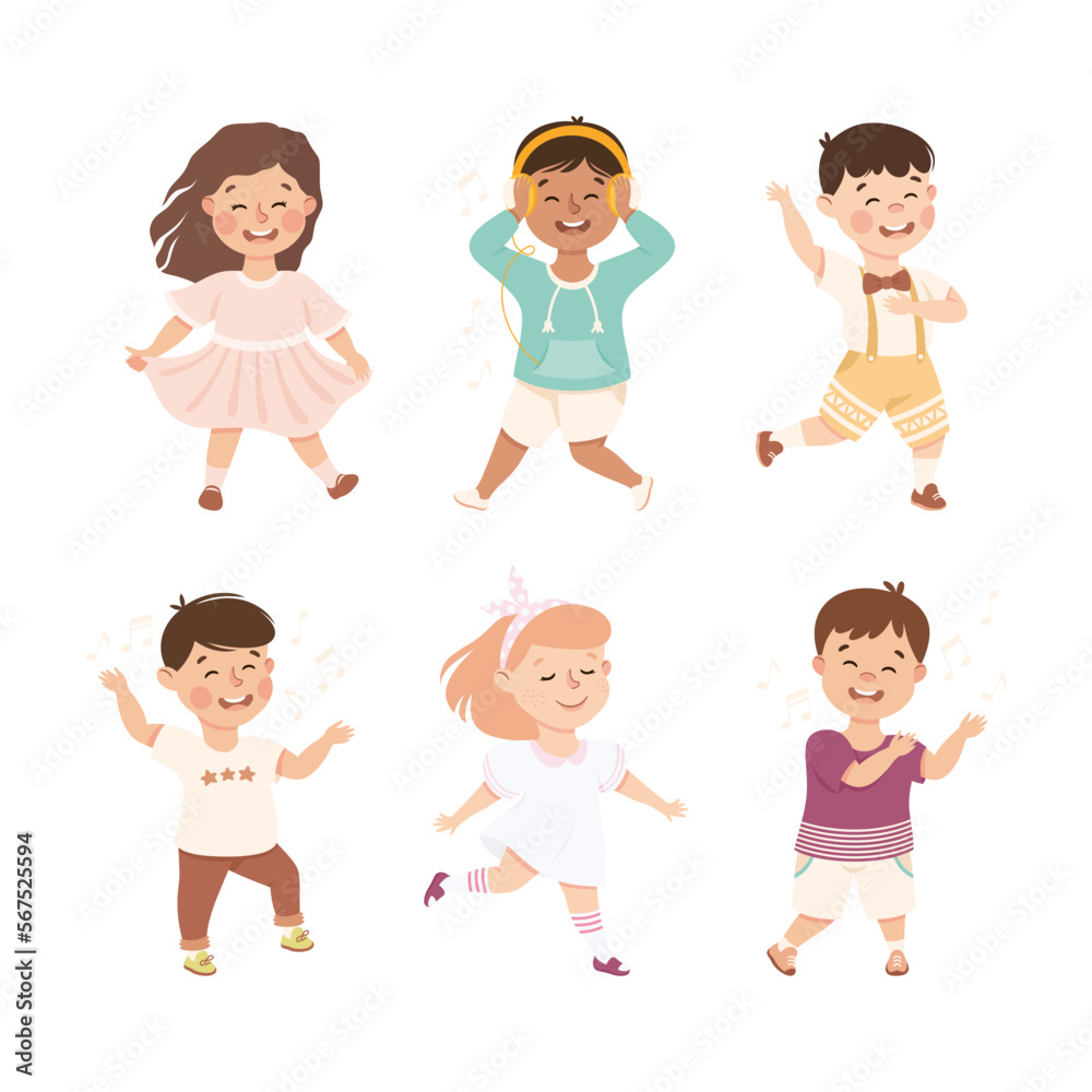 Energetic Children Dancing Moving to Music Rythm Vector Set