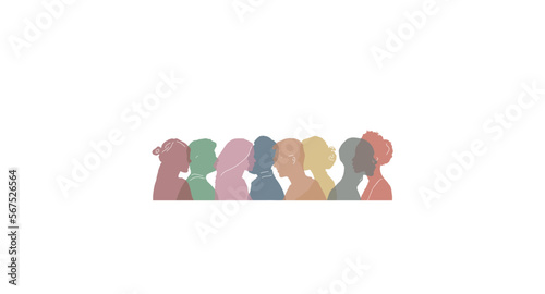 The silhouette profile of a group of women and men of different nationalities. The concept of racial equality. Many people of different races. Friendship between the peoples. Vector banner.