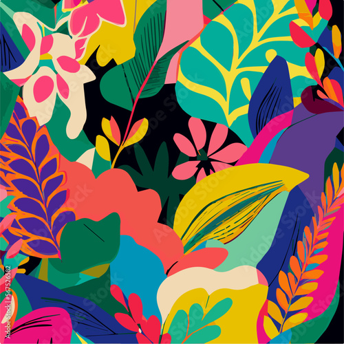 Tropical Garden Vector Illustration, modern Flowers and Leaves Graphic Pattern