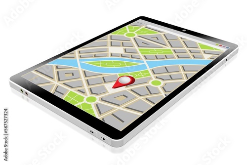 City map with location pin on a tablet - 3D illustration