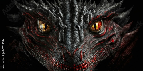 tête de dragon noire et rouge vu en gros plan sur fond noir - illustration ia photo