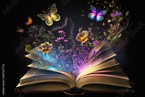 An open magic book with glowing flora and butterflies © dhansu