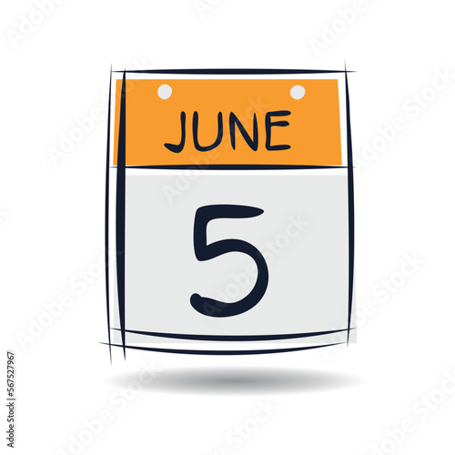 Creative calendar page with single day (5 June), Vector illustration.
