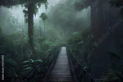 fogged wooden bridge in primeval forest made with Generative AI