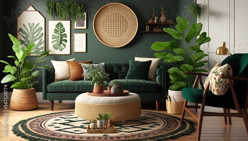 Chic boho living room with a velvet green sofa, woven rug, and plants in wicker baskets generative ai © 3D Station
