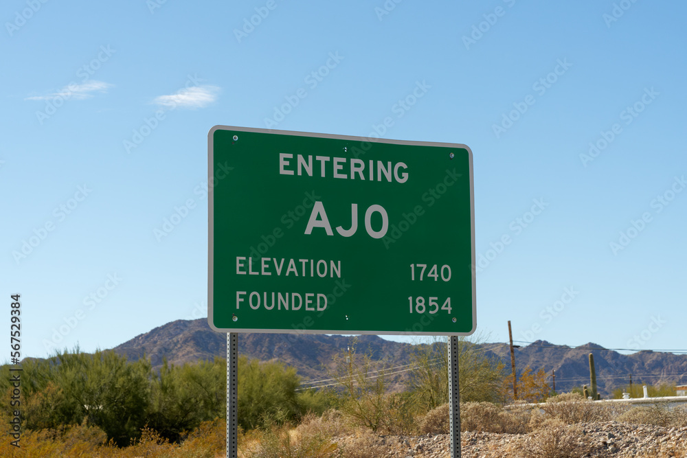 Entering Ajo Elevation 1740 Founded 1854 roadside sign in Ajo, Arizona
