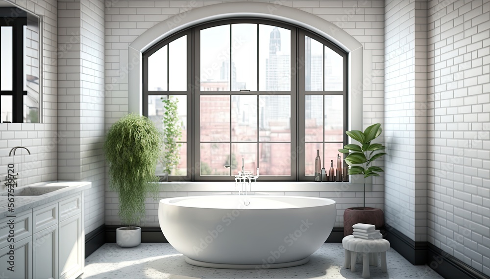 Fototapeta premium Luxury spa bathroom with a white freestanding bathtub, subway tile walls and a large window with a view generative ai