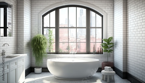 Luxury spa bathroom with a white freestanding bathtub, subway tile walls and a large window with a view generative ai © 3D Station
