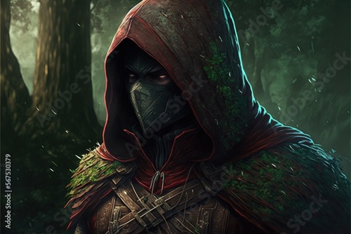 Green hooded archer with forest background. Generative AI